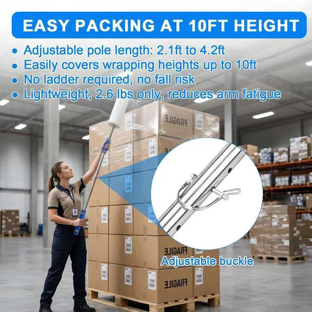 Alt view image 2 of 6 - 3 Pack Stretch Wrap Dispenser with 50" Long Handle - Heavy Duty Pallet Wrap Tool & Stretch Film Pole - Fits 2"-3" Cores & 6"-20" Film Rolls, 10 ft High Reach for Warehouse Moving & Shipping