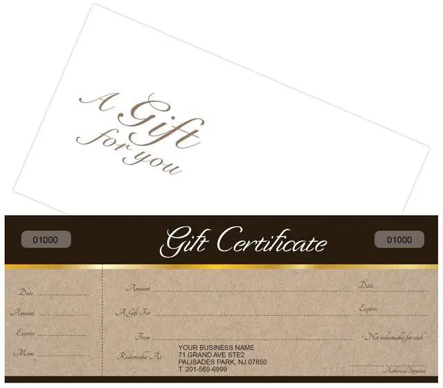 Main image of Custom Gift Certificates Cards with Envelopes 100 Set - Sephia on Kraft Background Image - Gift Certificates for Small Business
