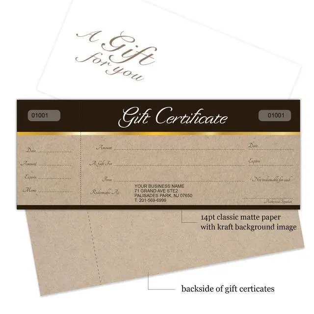 Alt view image 2 of 4 - Custom Gift Certificates Cards with Envelopes 100 Set - Sephia on Kraft Background Image - Gift Certificates for Small Business