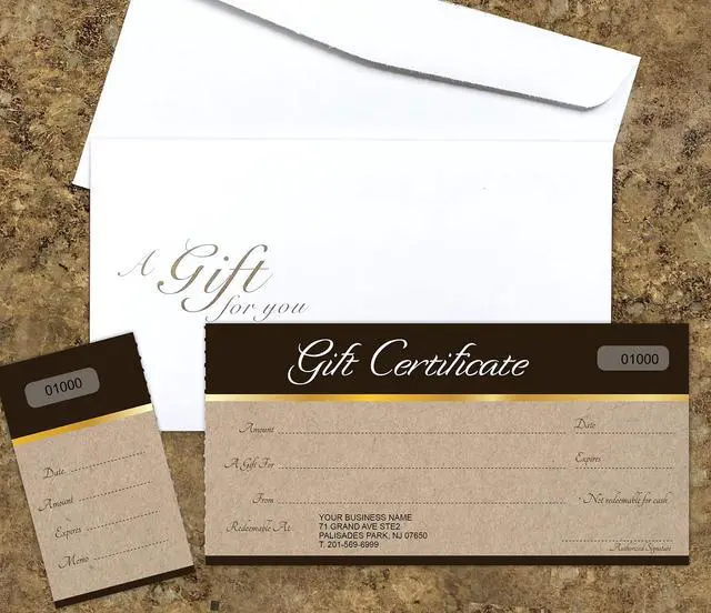 Alt view image 3 of 4 - Custom Gift Certificates Cards with Envelopes 100 Set - Sephia on Kraft Background Image - Gift Certificates for Small Business