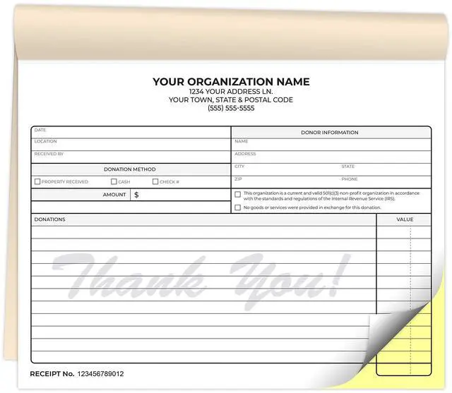 Main image of Custom Printed 8.5 x 7 inches Carbonless Non-Profit Charitable Donation Receipt Books - NCR 2-Part Staple Bound Pads with Manila Cover Personalized with Your Company Name and Number - 600 Qty