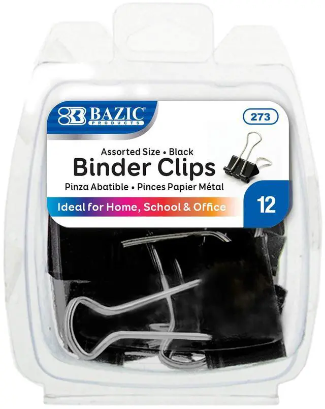 Main image of Assorted Size Binder Clips, Black, 12 Ct, 144-Case | clamp paper stacks tight and hold without staples or folds