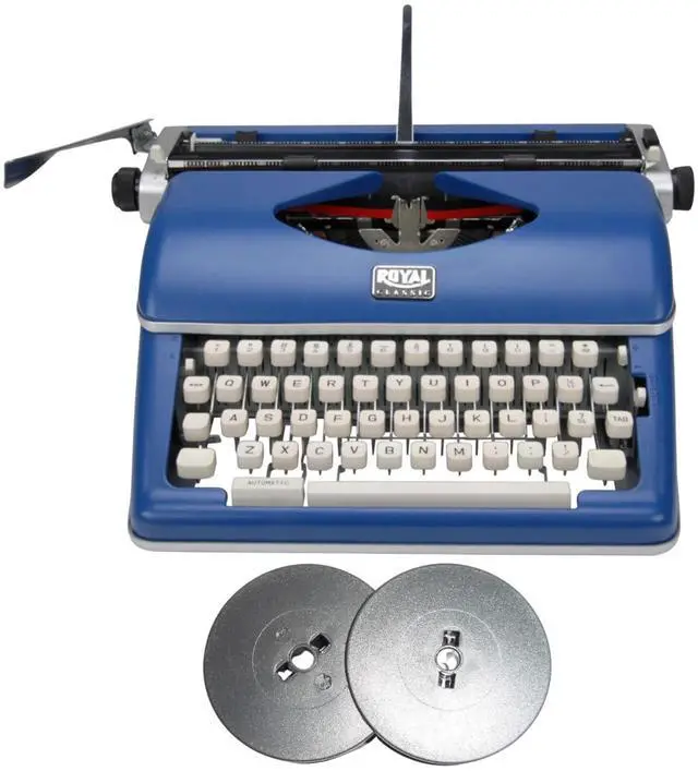 Main image of Retro Manual Typewriter Classic Blue (2 Items) | Model 79106bk1 Classic Blue, 11 Carriage, 88 Characters, All-Metal, Includes Black and Red Nylon Ribbon, Carrying Case