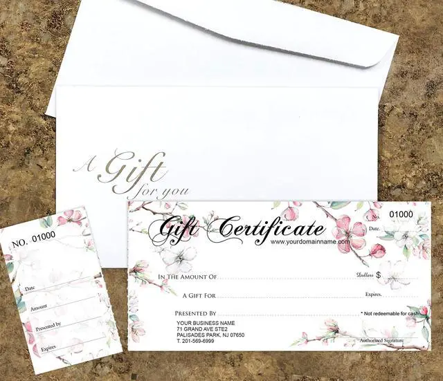 Main image of Gift-Blossoms Custom Gift Certificates Cards with Envelopes 100 Set - Gift Certificates for Business with Sequential Numbering