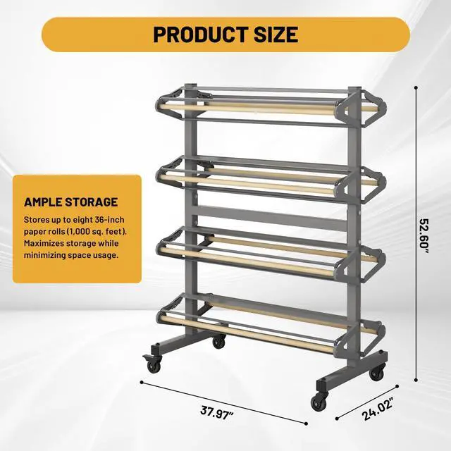Alt view image 2 of 6 - Large Paper Roll Dispenser Holder, Butcher Paper Roll Rack & Cutter, 8 Racks for 36" W Rolls, Mobile Organizer for Classroom, Studio & Retai