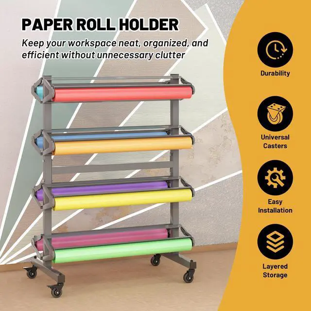 Alt view image 5 of 6 - Large Paper Roll Dispenser Holder, Butcher Paper Roll Rack & Cutter, 8 Racks for 36" W Rolls, Mobile Organizer for Classroom, Studio & Retai