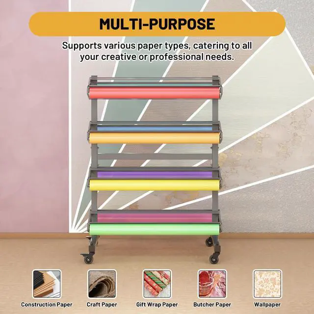 Alt view image 6 of 6 - Large Paper Roll Dispenser Holder, Butcher Paper Roll Rack & Cutter, 8 Racks for 36" W Rolls, Mobile Organizer for Classroom, Studio & Retai