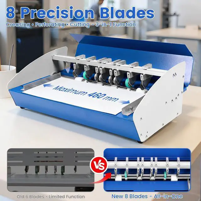 Alt view image 4 of 6 - 3-in-1 Electric Creasing Machine with Scale Ruler, Business Card Cutter, 18In Wide Paper Folding Machine, 35r/min Paper Creaser Perforator Cutter Folder (Blue)
