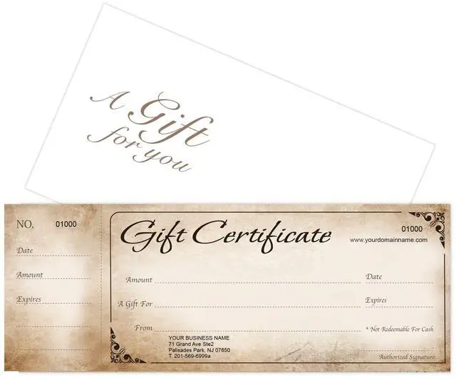 Main image of Custom Gift Certificates Cards with Envelopes 100 set - Rustic Image - Gift Certificates for Business