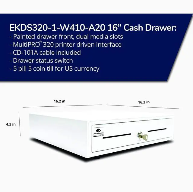 Alt view image 2 of 6 - Entry Level- 16 Electronic Point of Sale Cash Drawer | Arlo Series EKDS320-1-W410-A20 | Printer Compatible with CD-101A Cable Included | Plastic Till with 5 Bill/ 5 Coin Compartments | Black