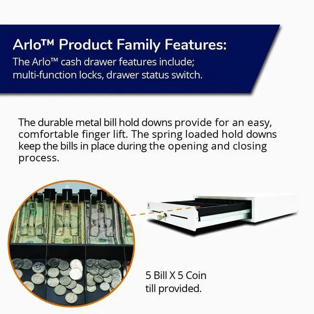 Alt view image 3 of 6 - Entry Level- 16 Electronic Point of Sale Cash Drawer | Arlo Series EKDS320-1-W410-A20 | Printer Compatible with CD-101A Cable Included | Plastic Till with 5 Bill/ 5 Coin Compartments | Black
