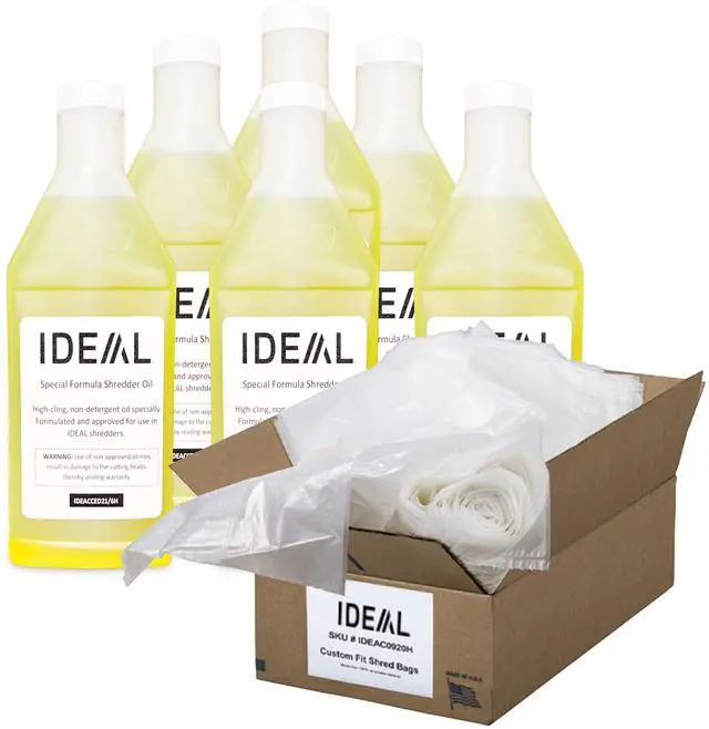 Main image of IDEAL Maintenance Bundle: AC0901H Gusseted Shredder Bags 40x14x48 Case 80 56-Gallon + High-Cling Lubricating Oil 6 Quart Bottles IDEACCED21/6H Compatible 2604, 3105, 4001 4003 4005, 4108