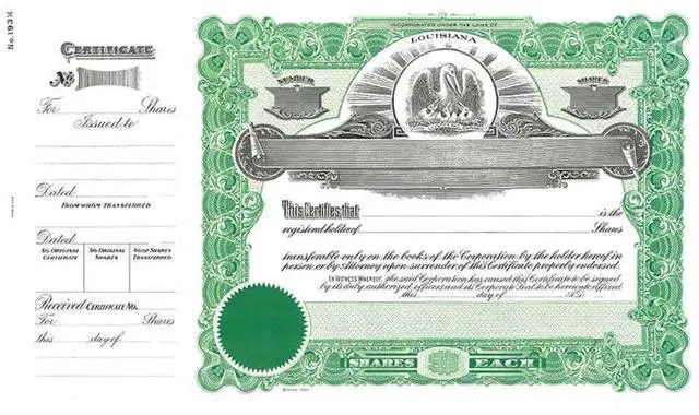 Main image of Goes 193-1/2 Louisiana Stock Certificate, Certificate for Louisana, Size 8-1/2" x 15", Printable, Laser or Ink Jet Compatiable (Pack of 100)