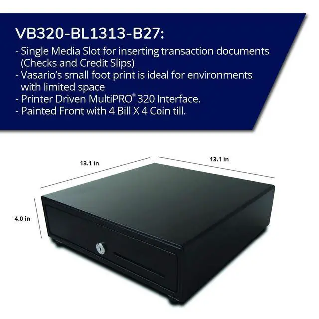 Alt view image 2 of 6 - Standard- Duty 13 Electronic Point of Sale Cash Drawer | Vasario Series VB320-BL1313-B27 | Printer Compatible | Plastic Till with 4 Bill/ 4 Coin Compartments | Black