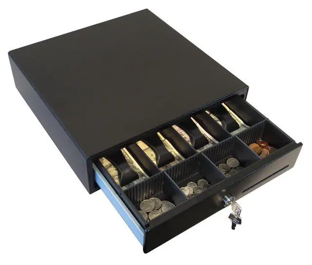 Alt view image 4 of 6 - Standard- Duty 13 Electronic Point of Sale Cash Drawer | Vasario Series VB320-BL1313-B27 | Printer Compatible | Plastic Till with 4 Bill/ 4 Coin Compartments | Black
