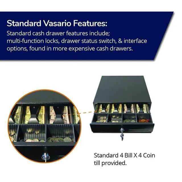 Alt view image 5 of 6 - Standard- Duty 13 Electronic Point of Sale Cash Drawer | Vasario Series VB320-BL1313-B27 | Printer Compatible | Plastic Till with 4 Bill/ 4 Coin Compartments | Black