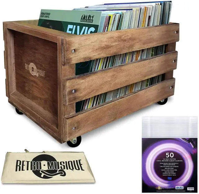 Main image of Wooden 12 LP Vinyl Record Storage Crate on Wheels Holds up to 100 Albums (in PVC Sleeves) with Hessian Cloth Cover Includes 40 Vinyl Record Outer Sleeves (Oak Finish)