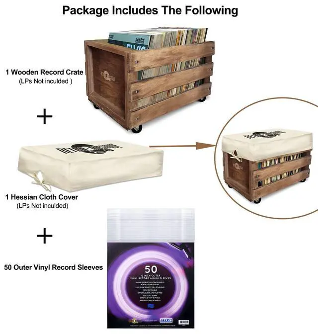Alt view image 2 of 5 - Wooden 12 LP Vinyl Record Storage Crate on Wheels Holds up to 100 Albums (in PVC Sleeves) with Hessian Cloth Cover Includes 40 Vinyl Record Outer Sleeves (Oak Finish)