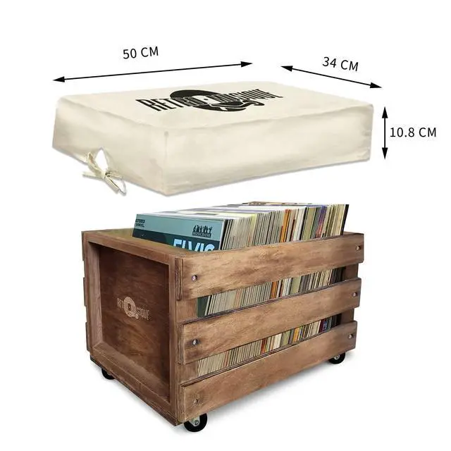 Alt view image 3 of 5 - Wooden 12 LP Vinyl Record Storage Crate on Wheels Holds up to 100 Albums (in PVC Sleeves) with Hessian Cloth Cover Includes 40 Vinyl Record Outer Sleeves (Oak Finish)