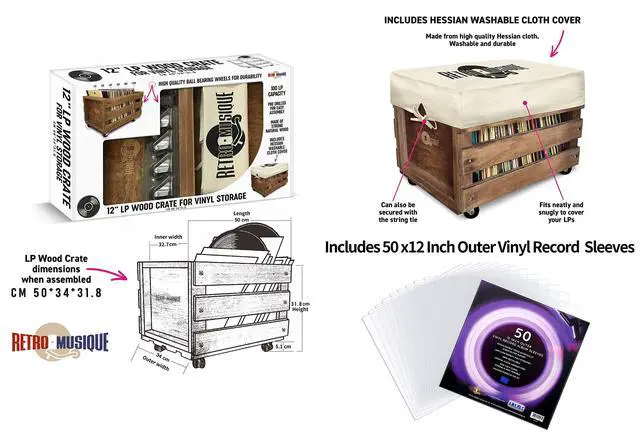 Alt view image 4 of 5 - Wooden 12 LP Vinyl Record Storage Crate on Wheels Holds up to 100 Albums (in PVC Sleeves) with Hessian Cloth Cover Includes 40 Vinyl Record Outer Sleeves (Oak Finish)