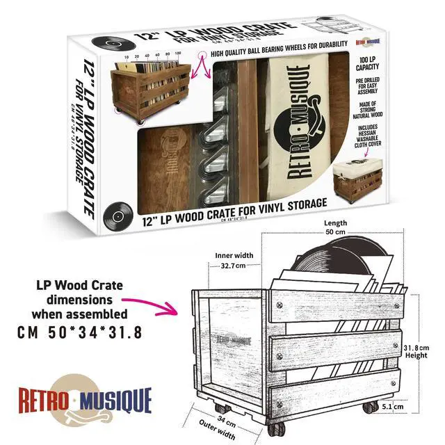 Alt view image 5 of 5 - Wooden 12 LP Vinyl Record Storage Crate on Wheels Holds up to 100 Albums (in PVC Sleeves) with Hessian Cloth Cover Includes 40 Vinyl Record Outer Sleeves (Oak Finish)