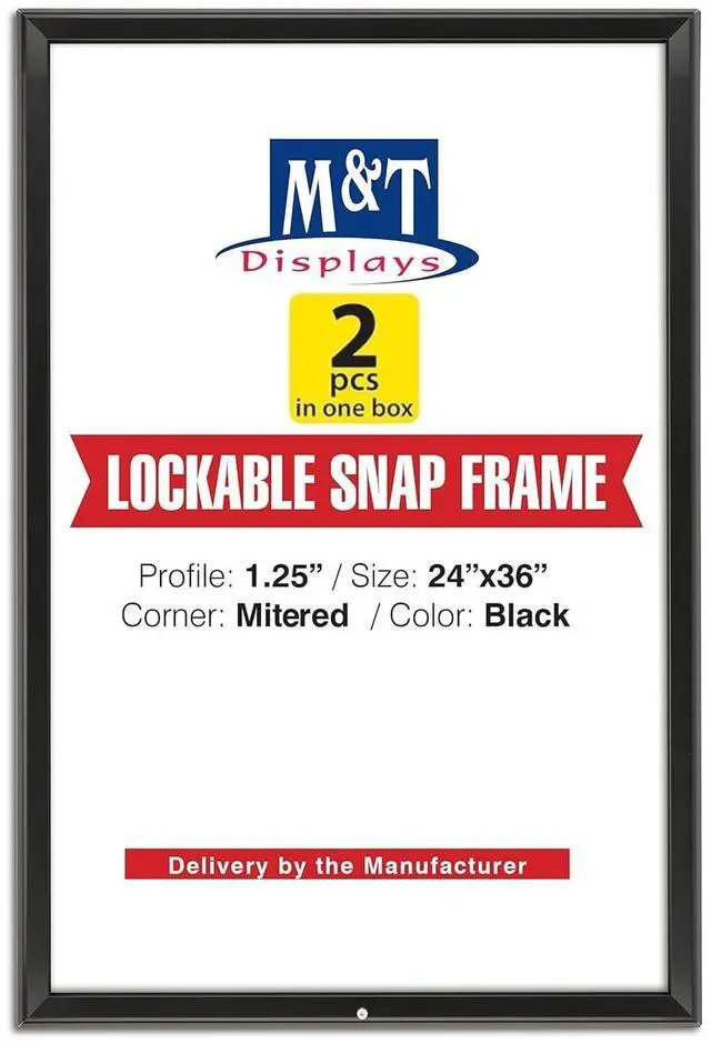 Main image of Lockable Snap Poster Frame 24x36 Inch Black 1.25" Aluminum Profile Front Loading Wall Mounting Picture Photo Document Certificate Sign Holder Mitered Corner Anti Glare Cover (2 pack)
