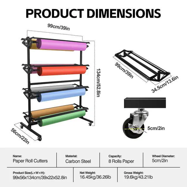 Alt view image 2 of 6 - Large Paper Roll Holder, 8-Roll Rack for 36"x9" Butcher, Craft & Gift Wrap Paper, Heavy-Duty Mobile Paper Roll Dispenser with Cutter for Classroom, Studio & Retail 2p1