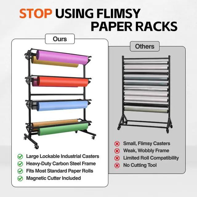 Alt view image 3 of 6 - Large Paper Roll Holder, 8-Roll Rack for 36"x9" Butcher, Craft & Gift Wrap Paper, Heavy-Duty Mobile Paper Roll Dispenser with Cutter for Classroom, Studio & Retail 2p1