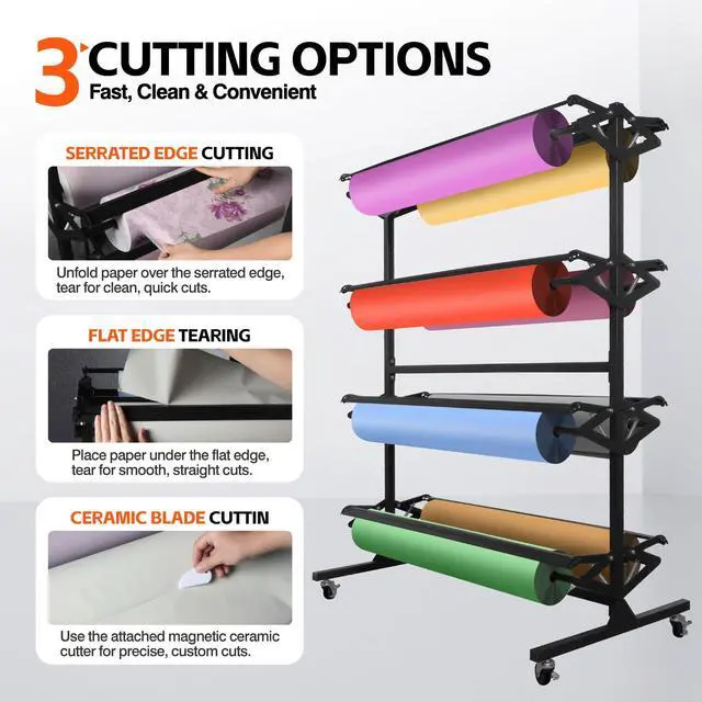 Alt view image 4 of 6 - Large Paper Roll Holder, 8-Roll Rack for 36"x9" Butcher, Craft & Gift Wrap Paper, Heavy-Duty Mobile Paper Roll Dispenser with Cutter for Classroom, Studio & Retail 2p1