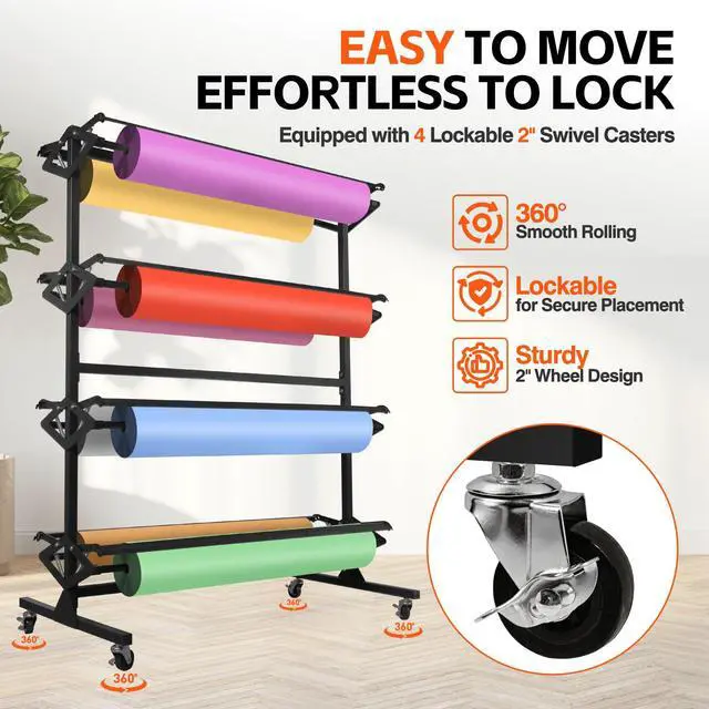 Alt view image 5 of 6 - Large Paper Roll Holder, 8-Roll Rack for 36"x9" Butcher, Craft & Gift Wrap Paper, Heavy-Duty Mobile Paper Roll Dispenser with Cutter for Classroom, Studio & Retail 2p1