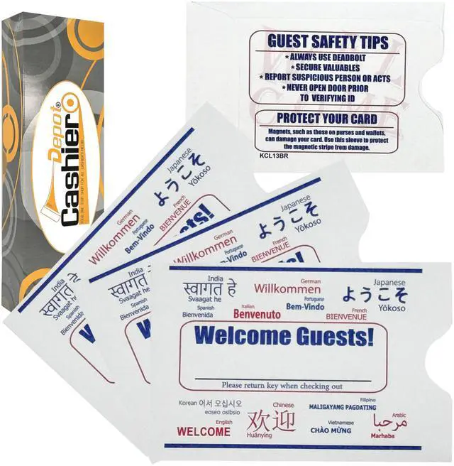 Main image of 5000 Hotel Key Card Sleeves & Envelopes Welcome in 13 Languages 2.38" x 3.5" Sturdy 24lb. Paper, Blue & Red, Durable Key Card Holders for Hotels, Motels, Resorts, Inns & Hospitality Businesses