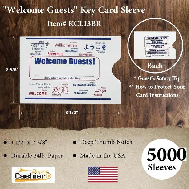 Alt view image 2 of 5 - 5000 Hotel Key Card Sleeves & Envelopes Welcome in 13 Languages 2.38" x 3.5" Sturdy 24lb. Paper, Blue & Red, Durable Key Card Holders for Hotels, Motels, Resorts, Inns & Hospitality Businesses