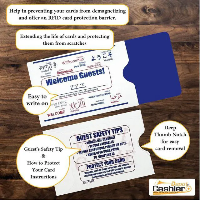 Alt view image 3 of 5 - 5000 Hotel Key Card Sleeves & Envelopes Welcome in 13 Languages 2.38" x 3.5" Sturdy 24lb. Paper, Blue & Red, Durable Key Card Holders for Hotels, Motels, Resorts, Inns & Hospitality Businesses