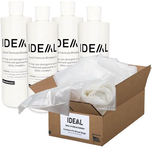 Main image of IDEAL Maintenance Combo Pack AC0920H Heavy-Duty Shredder Bags 20x47, Case of 80, 40-Gallon, Gusseted+ High-Cling Lubricating Shredder Oil 4x1-Pint Bottles, IDEACCED21/4H. Fits 2503/2604/3104/3105