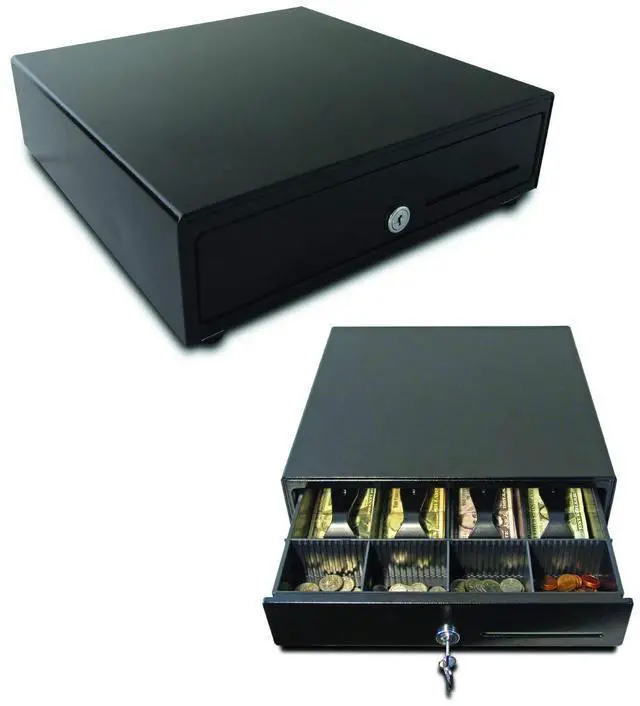 Main image of Standard- Duty 13 Electronic Point of Sale Cash Drawer | Vasario Series VB320-1-BL1313-B27 | with CD-101A Cable | Printer Compatible | Plastic Till with 4 Bill/ 4 Coin Compartments | Black