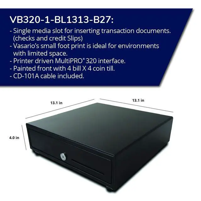 Alt view image 2 of 6 - Standard- Duty 13 Electronic Point of Sale Cash Drawer | Vasario Series VB320-1-BL1313-B27 | with CD-101A Cable | Printer Compatible | Plastic Till with 4 Bill/ 4 Coin Compartments | Black