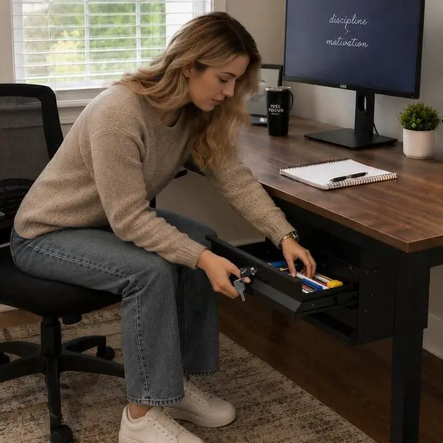 Alt view image 2 of 6 - Under Desk 2-Tier Drawer with Lock, Steel Slide Out Storage Drawer | Under Table Dual Tier Secure Drawer with Cable Management, Undermount Drawer Storage Organizer for Standing Desk, Workstation