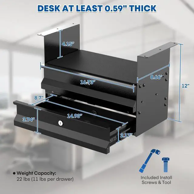 Alt view image 3 of 6 - Under Desk 2-Tier Drawer with Lock, Steel Slide Out Storage Drawer | Under Table Dual Tier Secure Drawer with Cable Management, Undermount Drawer Storage Organizer for Standing Desk, Workstation
