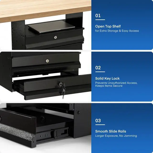 Alt view image 5 of 6 - Under Desk 2-Tier Drawer with Lock, Steel Slide Out Storage Drawer | Under Table Dual Tier Secure Drawer with Cable Management, Undermount Drawer Storage Organizer for Standing Desk, Workstation