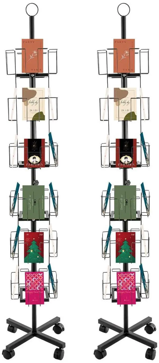 Main image of 2 Pcs Rotating Greeting Card Rack, 24 Pocket 6 Tier Display Stand 360° Rotating Floor Stand Metal Postcard Holder Pocket Rotating Holder w/4 Wheels for Sticker Holiday Gift Card Retail (Black)