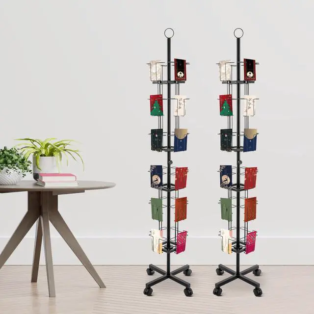 Alt view image 3 of 6 - 2 Pcs Rotating Greeting Card Rack, 24 Pocket 6 Tier Display Stand 360° Rotating Floor Stand Metal Postcard Holder Pocket Rotating Holder w/4 Wheels for Sticker Holiday Gift Card Retail (Black)