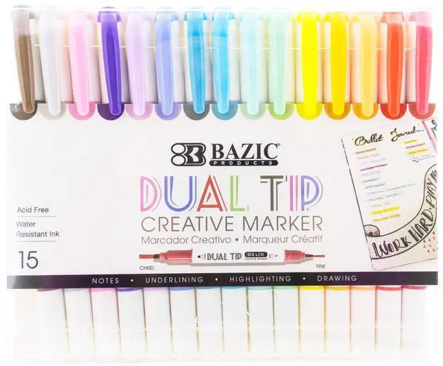 Main image of Dual-Tip Creative Markers, Chisel & Fine, 15 Colors, 12-Case | acid-free, water-resistant, non-toxic, ASTM D-4236, art, lettering