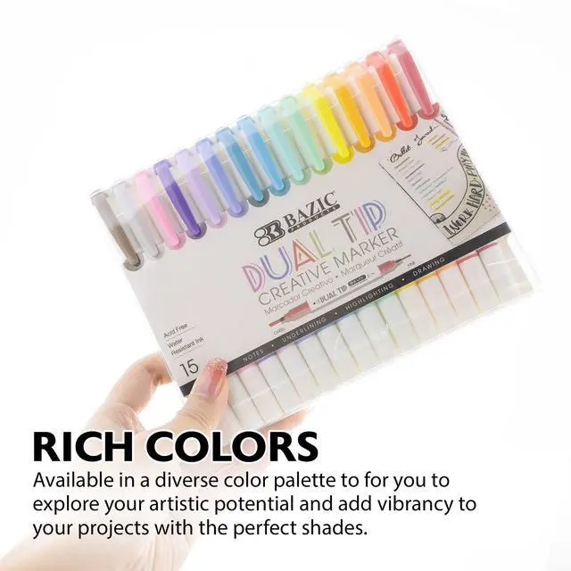 Alt view image 4 of 6 - Dual-Tip Creative Markers, Chisel & Fine, 15 Colors, 12-Case | acid-free, water-resistant, non-toxic, ASTM D-4236, art, lettering