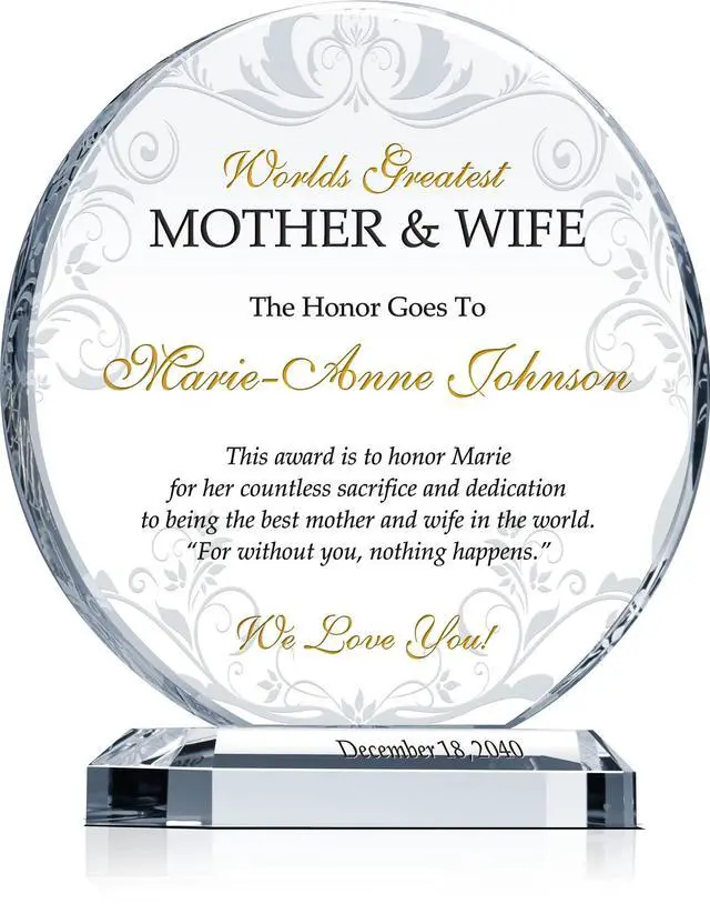 Main image of Personalized Crystal Best Wife & Mother Award Plaque Custom Engraved with Wife & Mothers Name Unique Gift from Son, Daughter, or Husband for Mothers Day, Birthday, Christmas & Special Occasions