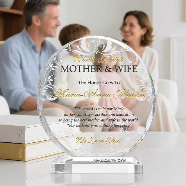 Alt view image 2 of 6 - Personalized Crystal Best Wife & Mother Award Plaque Custom Engraved with Wife & Mothers Name Unique Gift from Son, Daughter, or Husband for Mothers Day, Birthday, Christmas & Special Occasions