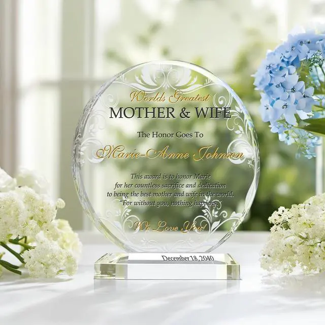 Alt view image 3 of 6 - Personalized Crystal Best Wife & Mother Award Plaque Custom Engraved with Wife & Mothers Name Unique Gift from Son, Daughter, or Husband for Mothers Day, Birthday, Christmas & Special Occasions