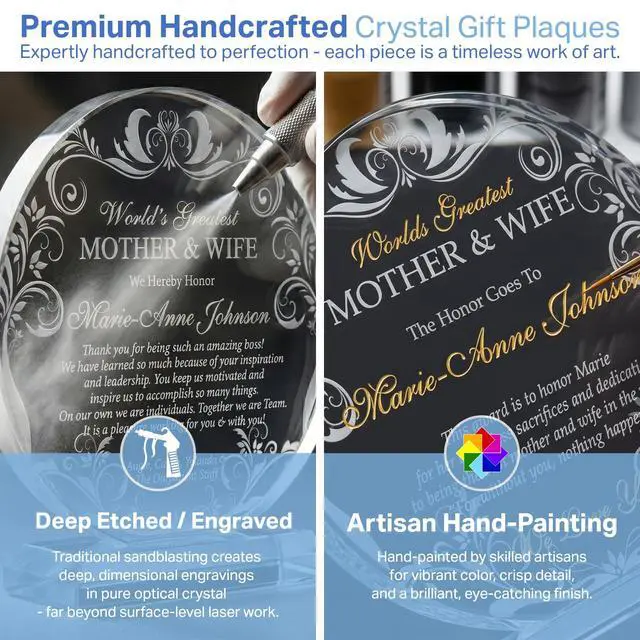 Alt view image 4 of 6 - Personalized Crystal Best Wife & Mother Award Plaque Custom Engraved with Wife & Mothers Name Unique Gift from Son, Daughter, or Husband for Mothers Day, Birthday, Christmas & Special Occasions