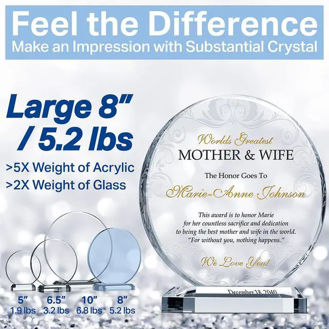 Alt view image 5 of 6 - Personalized Crystal Best Wife & Mother Award Plaque Custom Engraved with Wife & Mothers Name Unique Gift from Son, Daughter, or Husband for Mothers Day, Birthday, Christmas & Special Occasions