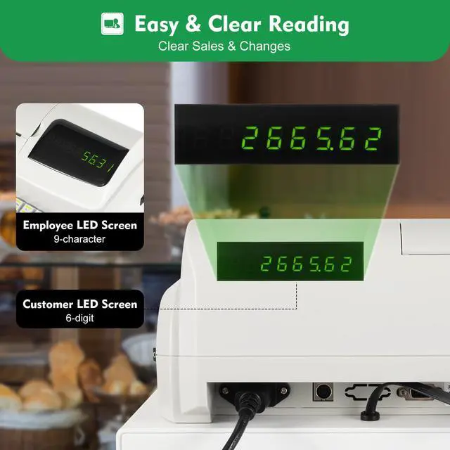 Alt view image 3 of 6 - 47 Keys Cash Register Drawer, 100-240V Cash Register Money Cash Box for Small Businesses Cash Till for Retailers, Supermarkets White Numeric Displa (9-Character LED) Easy-Loading Paper