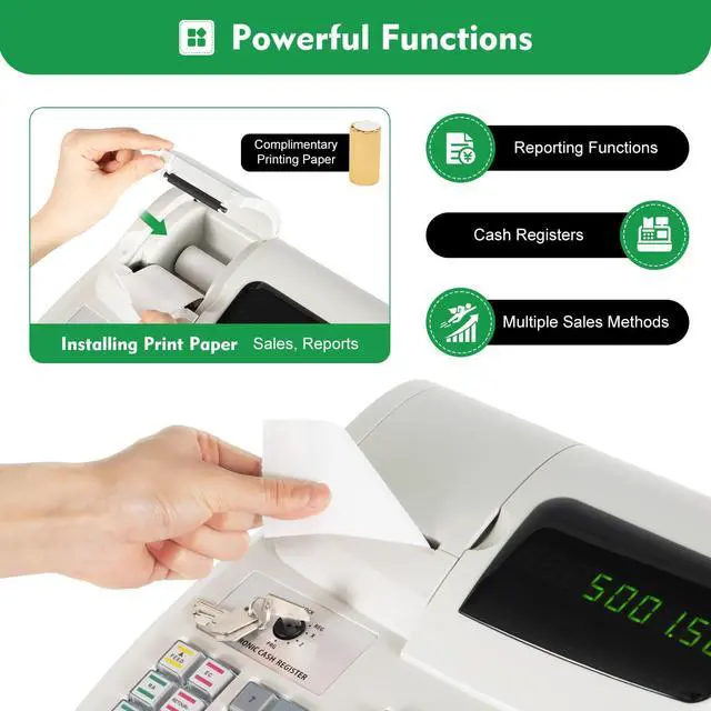 Alt view image 6 of 6 - 47 Keys Cash Register Drawer, 100-240V Cash Register Money Cash Box for Small Businesses Cash Till for Retailers, Supermarkets White Numeric Displa (9-Character LED) Easy-Loading Paper